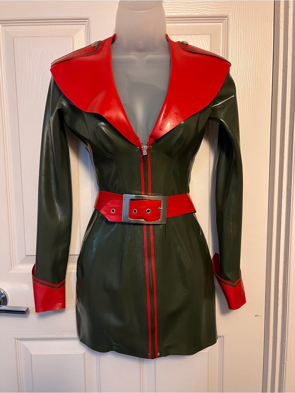 Fitted Green & Red Latex Military dress with Belt & beret by House of  Harlot-Sm